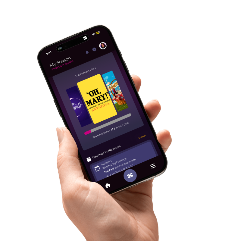 A hand holding a phone showing the prioriTIX My Season screen with The People's Picks show set
