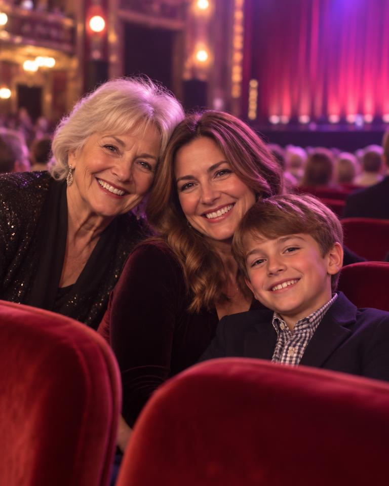 A grandmother, mom and son smiling in theatre seats
